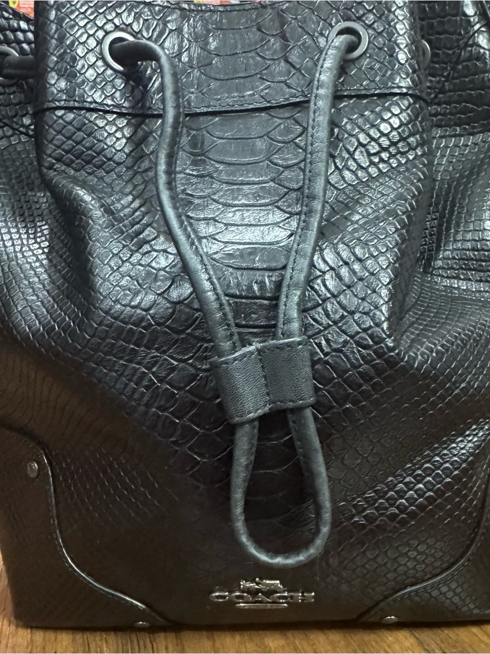 Coach F35928 Black Python Embossed Leather Drawstring Bucket Bag